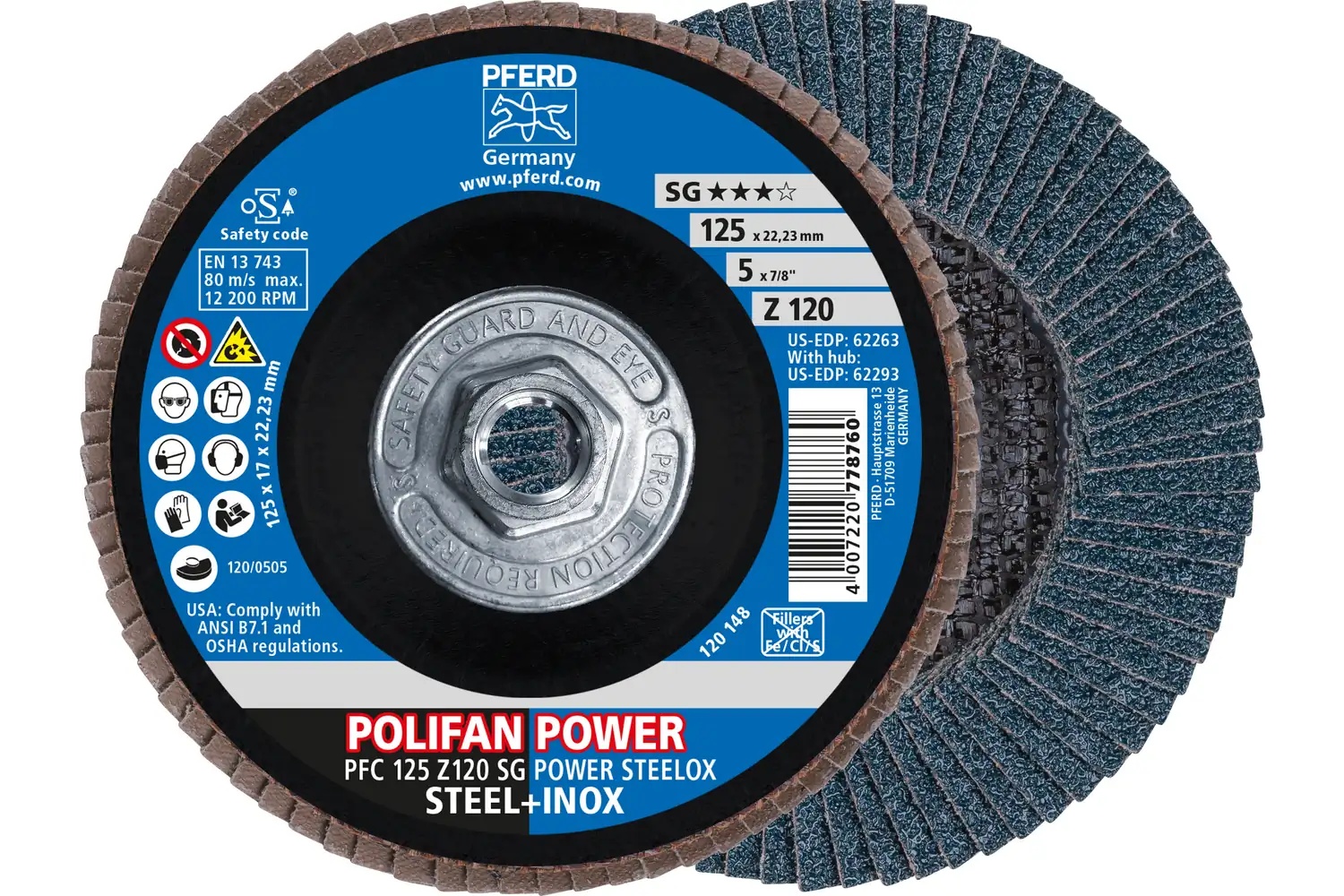 Picture of Pferd Flap Disc, 5" x 5/8-11, Z SG Power Steelox, 120 Grit, T29, Conical, Zirconia